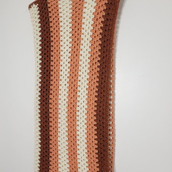 Handmade Crochet Afghan Throw Blanket Multicolored Striped Brown White Orange - Picture 2 of 10